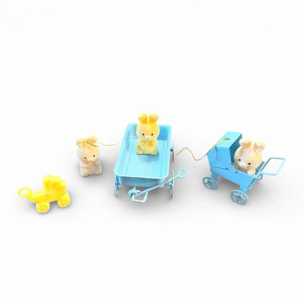 Vintage Miniature Bunny‎ Toy Set with Carriages Ornaments Baby Shower